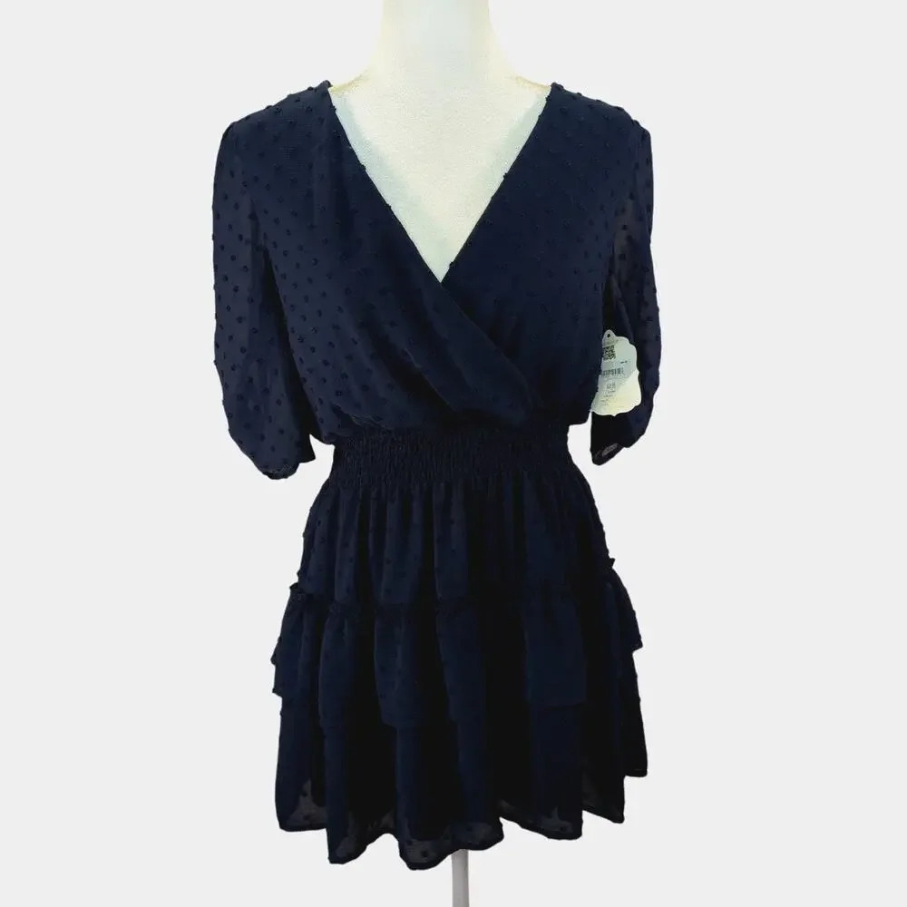 New Altar'd State Blue Swill Dot Tiered Ruffle Mini Dress V-Neck Size Medium